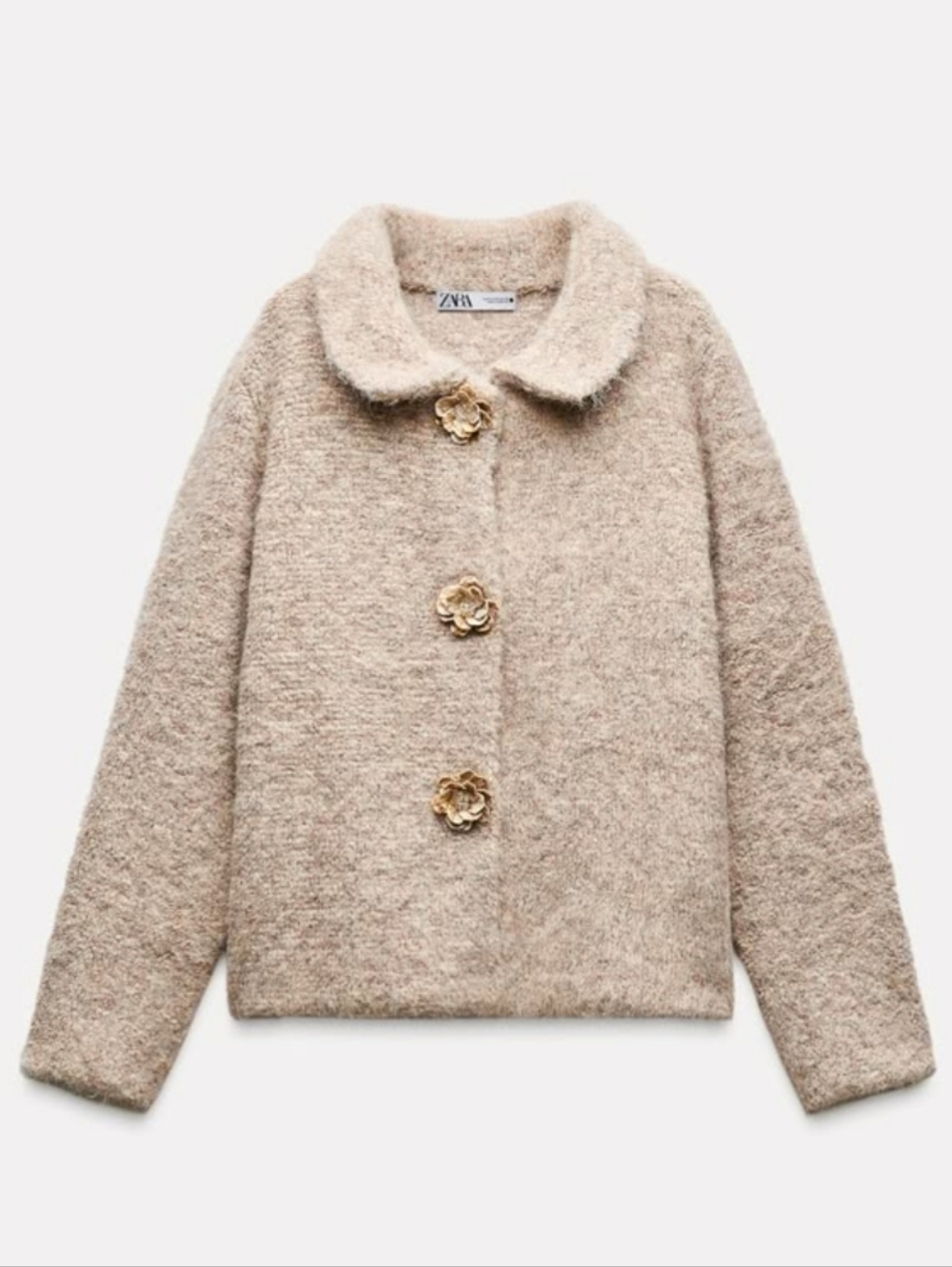 ZARA FAUX FUR KNIT CARDIGAN WITH FLOWER BUTTONS Size S